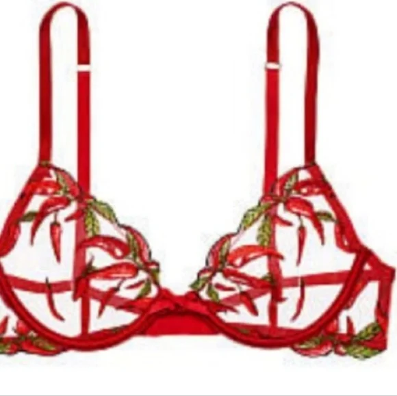 VICTORIA'S SECRET- Unlined Chili Pepper Embroidery Demi Bra Red - Picture 3 of 3
